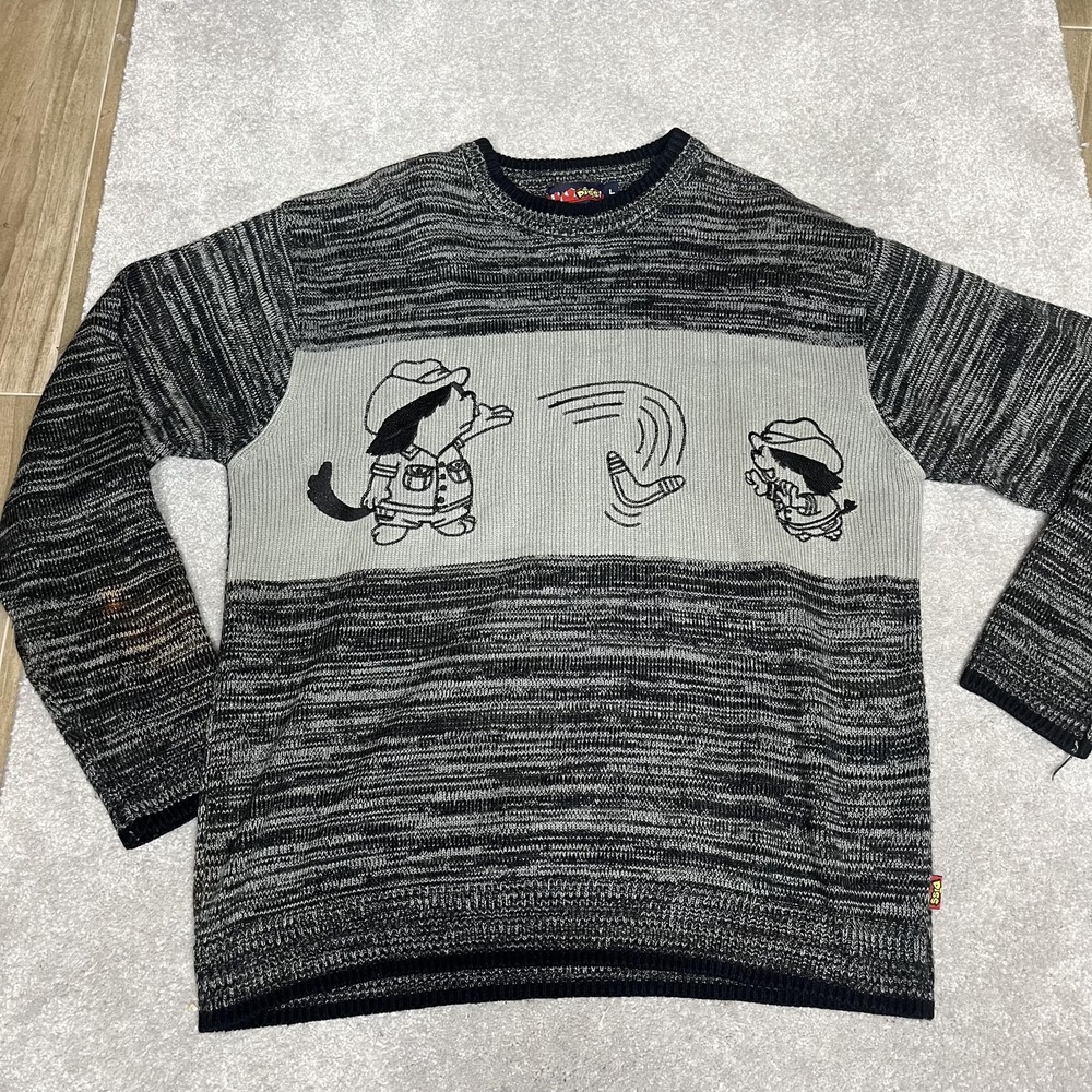Vintage Diss Sweater Mens Large Gray Black Knit Boomerang Dog Graphic 90s